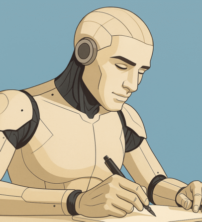 Robot umanoide maschile che scrive a mano con una penna stilografica su un taccuino, su sfondo azzurro — simbolo dell’intelligenza artificiale applicata alla scrittura e all’autorialità.