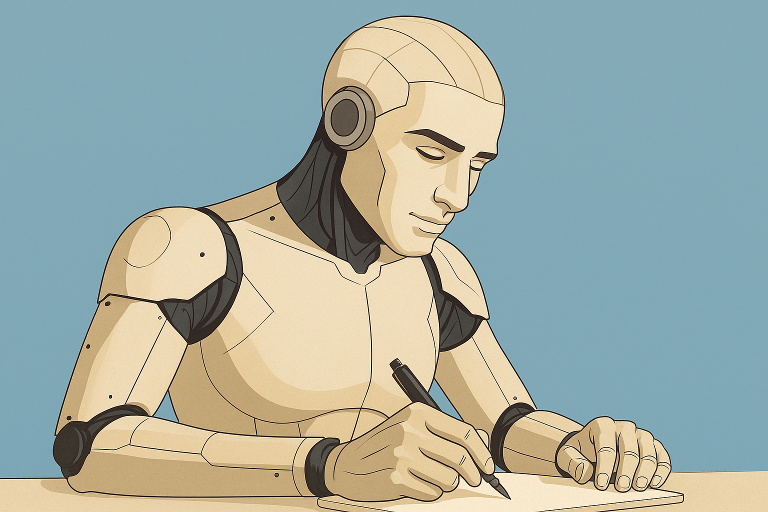 Robot umanoide maschile che scrive a mano con una penna stilografica su un taccuino, su sfondo azzurro — simbolo dell’intelligenza artificiale applicata alla scrittura e all’autorialità.